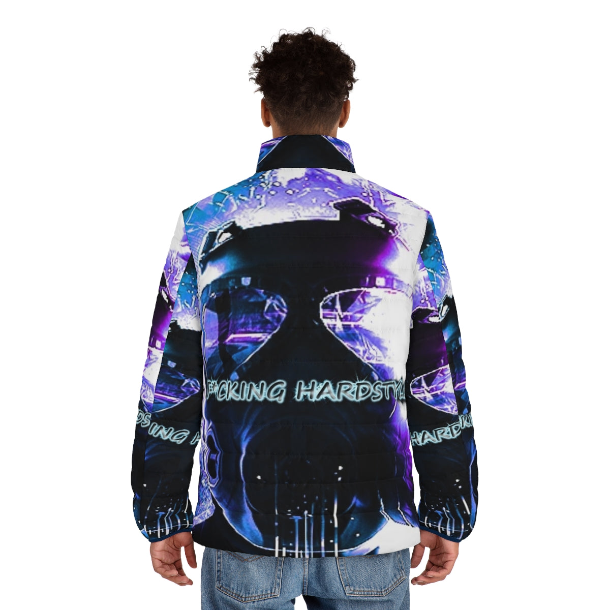 Hardstyle puffer jacket with electronic music and festival inspired design - men back