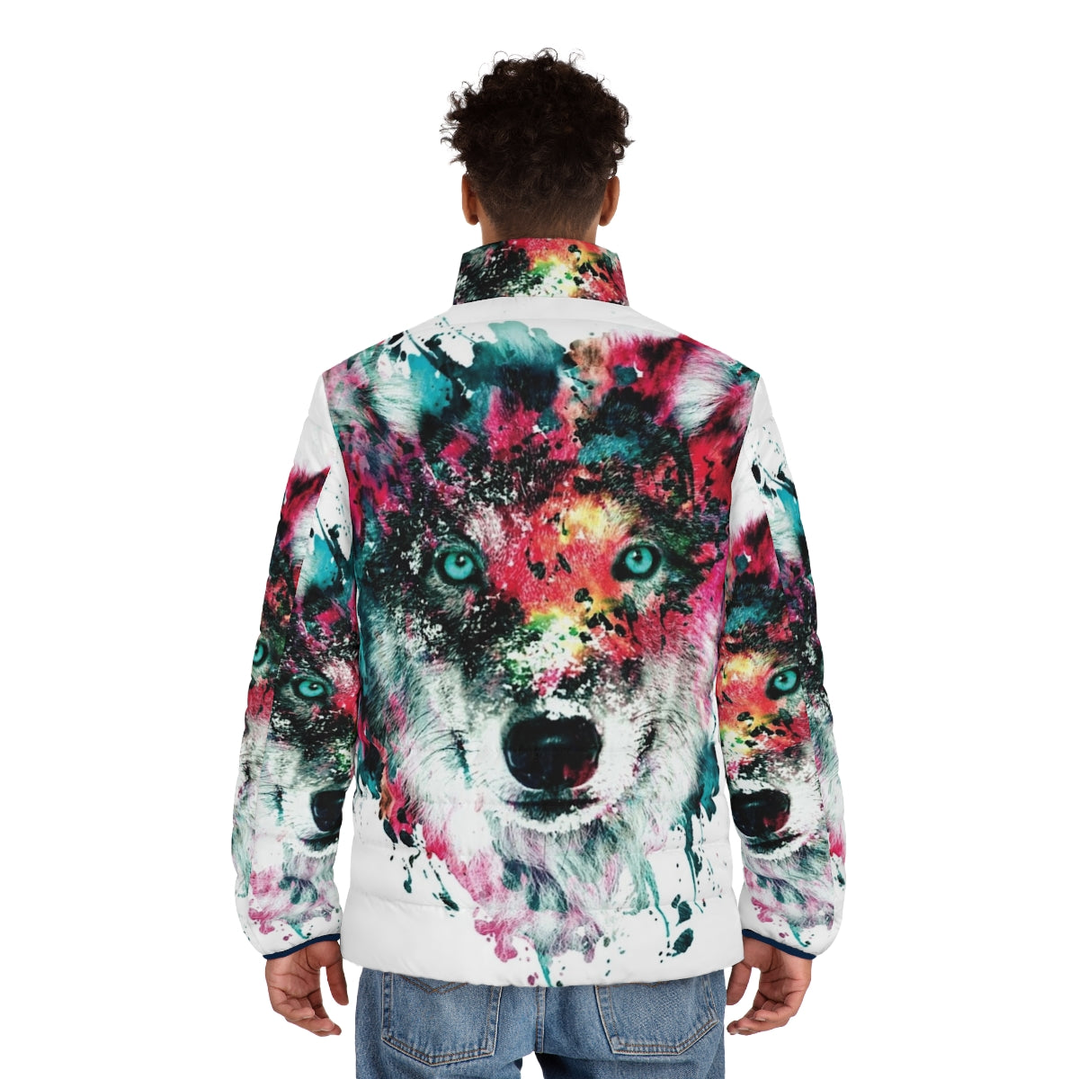 Vibrant wolf puffer jacket artwork featuring abstract, colorful design - men back