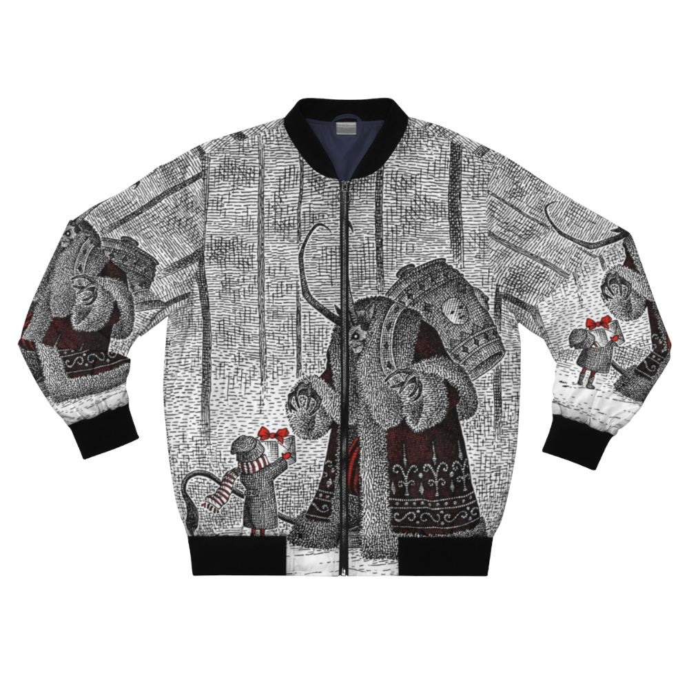 Vintage-style bomber jacket with Krampus, a mythical Christmas creature, on the front.