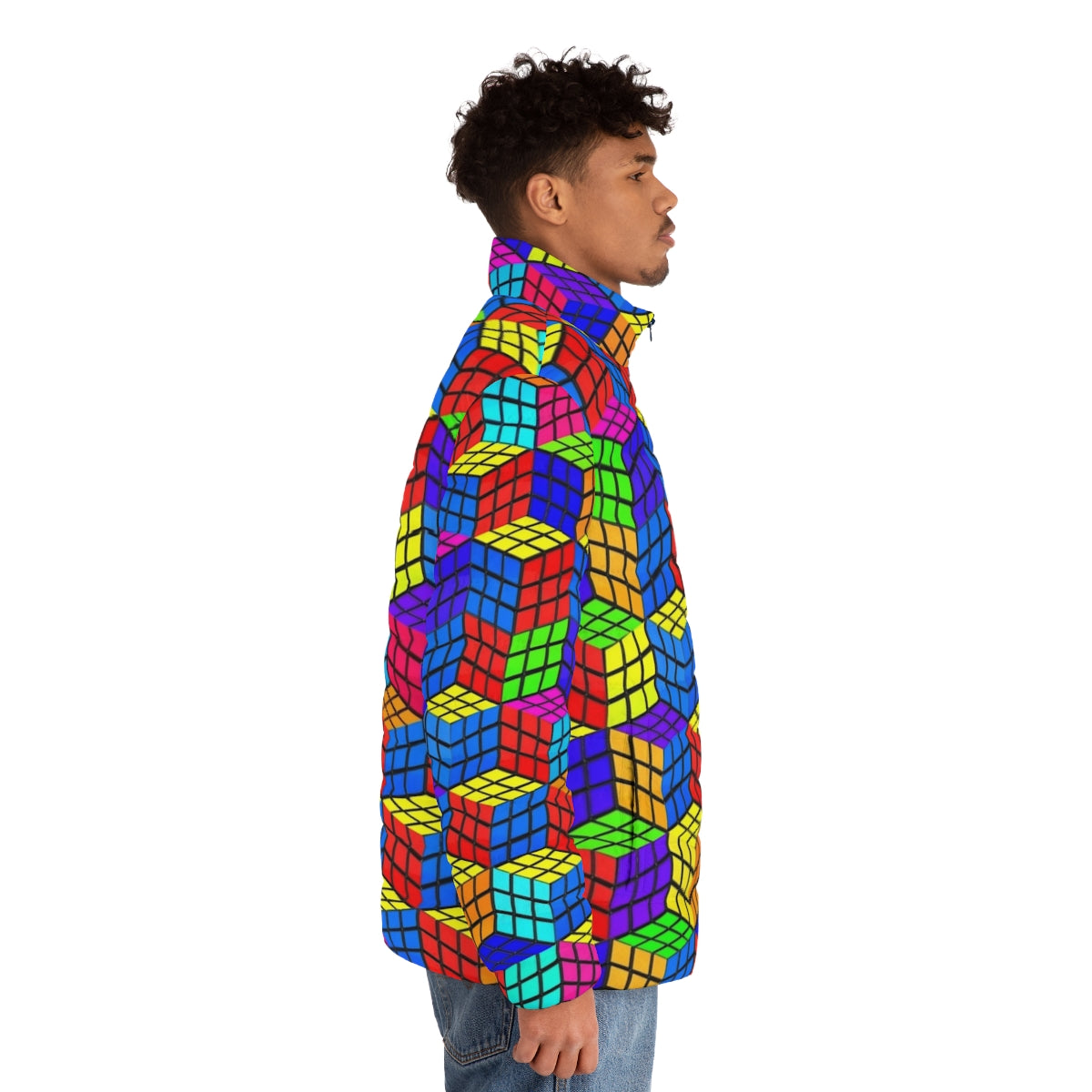 Rubik's Illusion 3D Puffer Jacket - Bright, Geometric and Abstract Design - men side right