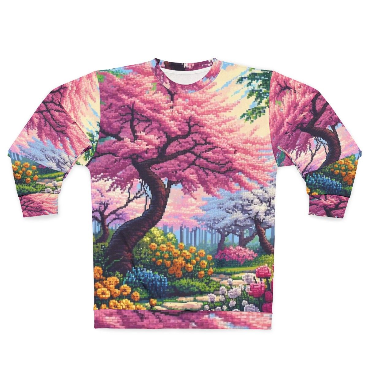 Japanese Cherry Tree Sweatshirt with Vibrant Floral Pixel Art Design