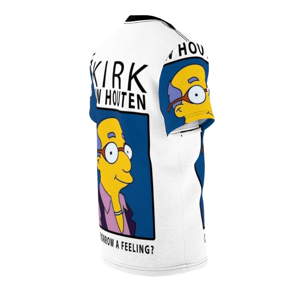 Graphic T-shirt design featuring the character Kirk Van Houten from the 90s TV show The Simpsons with the quote "Can I Borrow A Feeling?" - men right