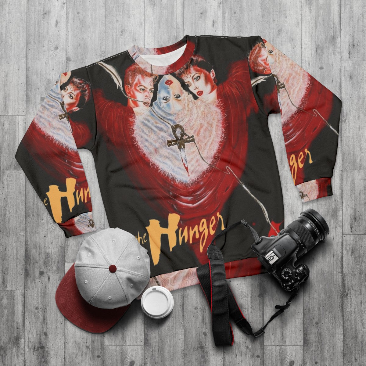 The Hunger Sweatshirt - Retro 80s Vampire and Music Inspired Design - flat lay