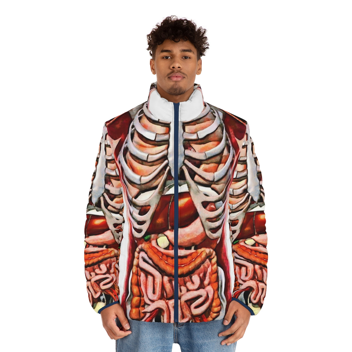 Puffer jacket with detailed print of human internal organs and skeleton anatomy - men front