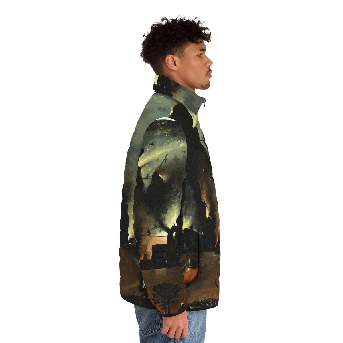 Hieronymus Bosch inspired puffer jacket with vibrant hell-inspired design - men side right