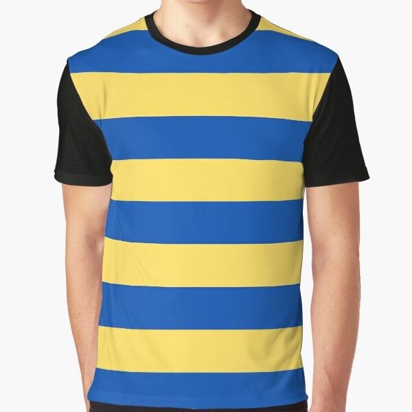 Blue and yellow striped graphic t-shirt with horizontal stripes pattern