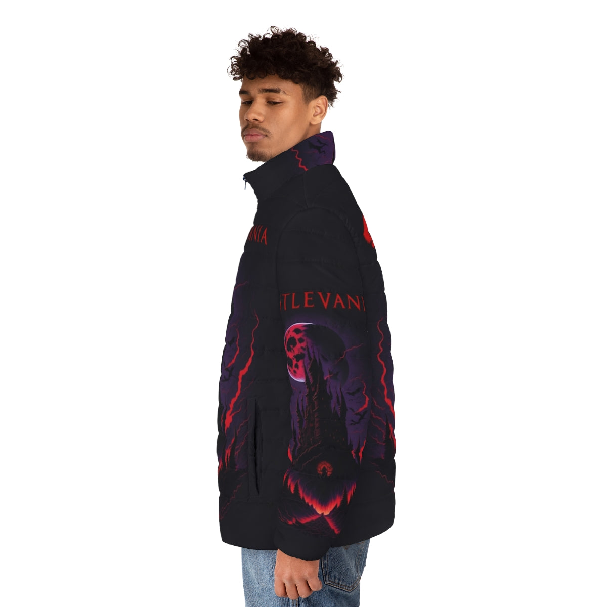 Castlevania Hidden Secrets Puffer Jacket featuring characters from the Netflix series - men side left