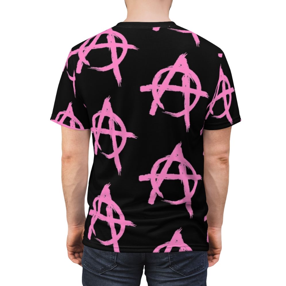 Vibrant pink anarchy-inspired t-shirt with stylish graphics for music fans - men back