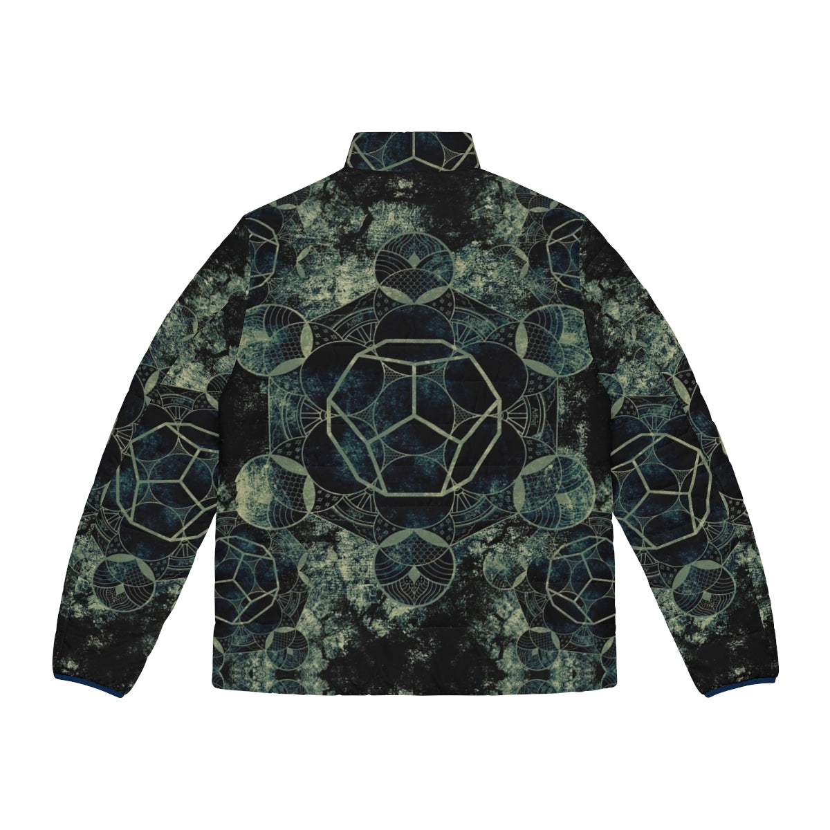 Sacred Geometry Spiritual Puffer Jacket with Mandala and Chakra Designs - Back