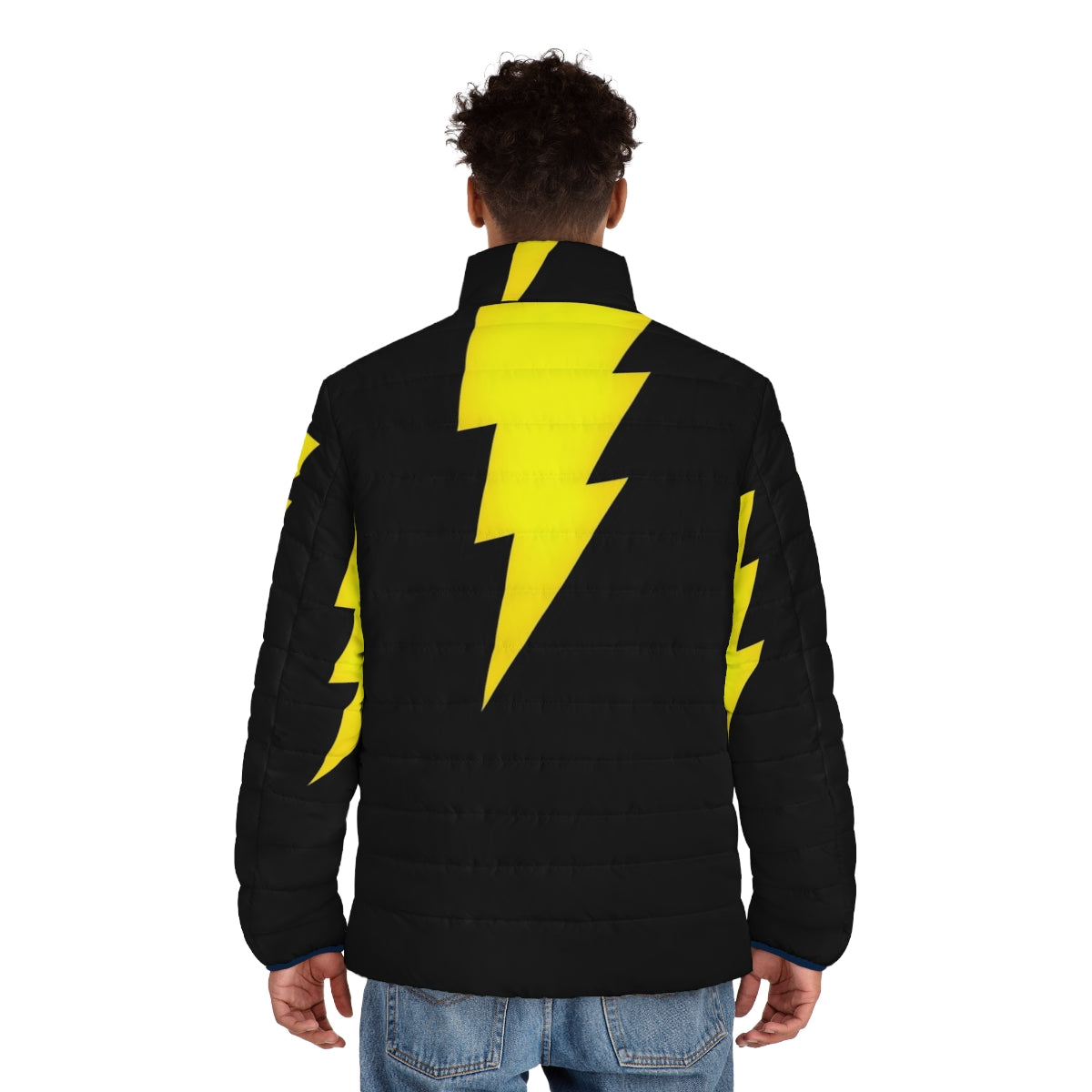 Black Adam superhero character wearing a black puffer jacket - men back