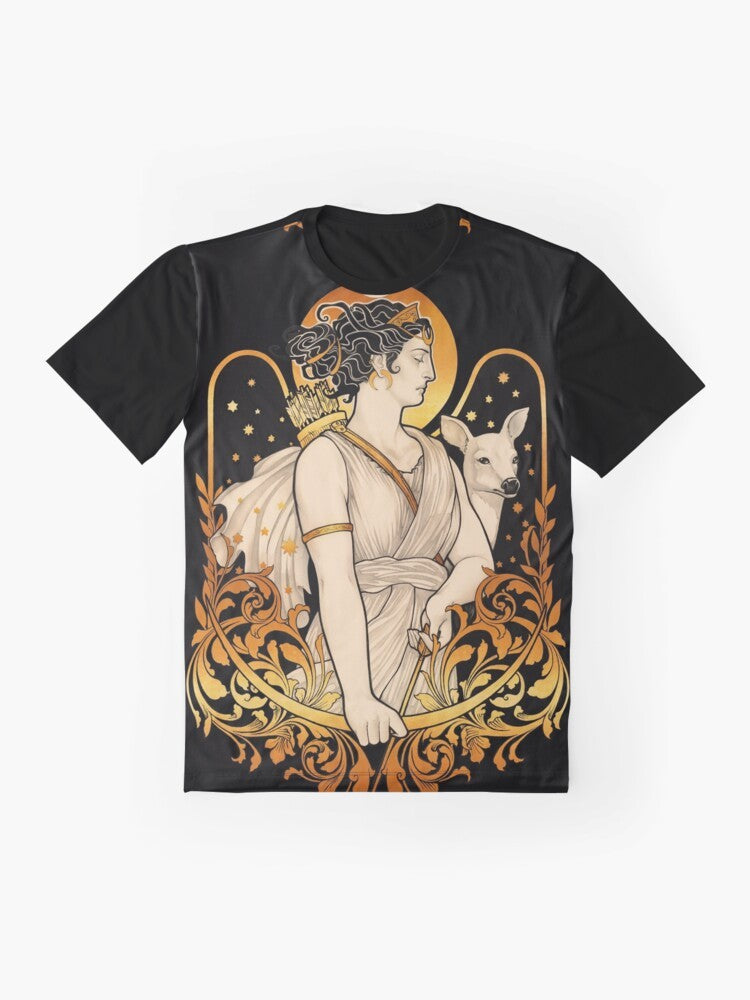 Artemis, the Greek goddess of the hunt, depicted in a stylized, artistic graphic t-shirt design featuring filigree, stars, and empowering feminine imagery. - Flat lay