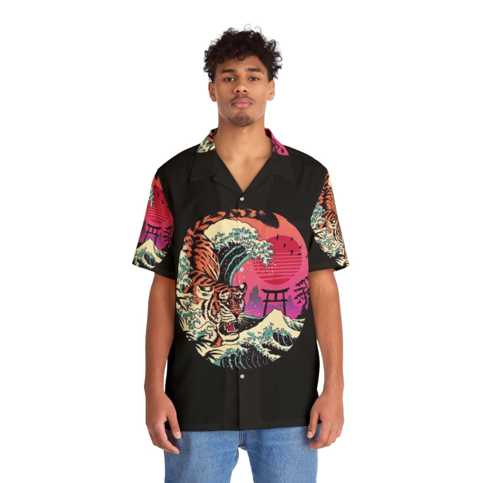 Retro Tiger Wave Hawaiian Shirt with tropical animal print and surf style - People Front