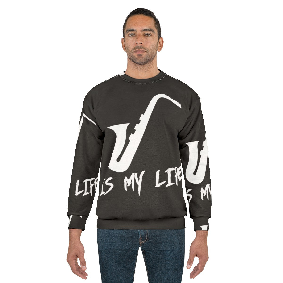 Man wearing saxophone sweatshirt, saxophone-themed apparel - men