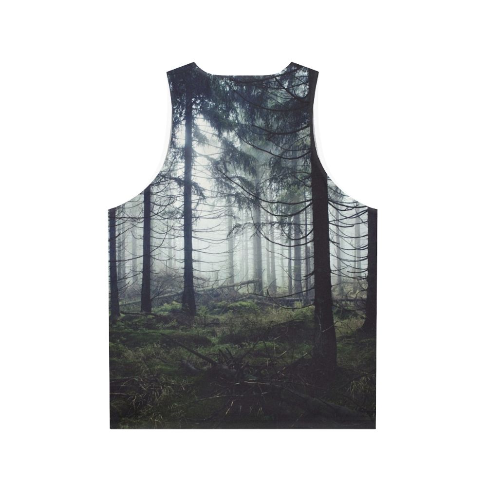 Person wearing unisex nature tank top standing in a forest - Back