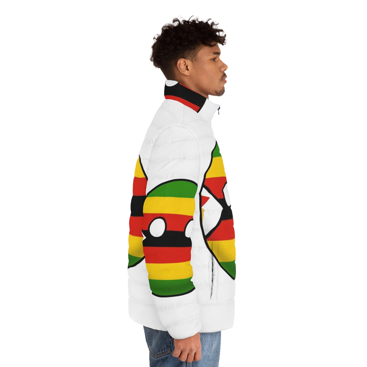 Zimbabwe Countryball Puffer Jacket featuring the national flag and cultural elements - men side right