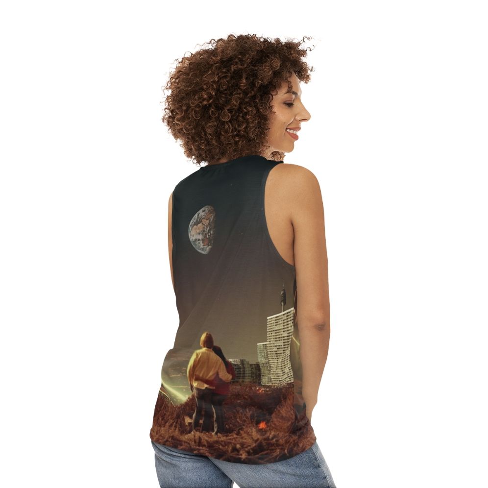 Surreal unisex tank top featuring a couple in a retro-futuristic urban landscape - women back