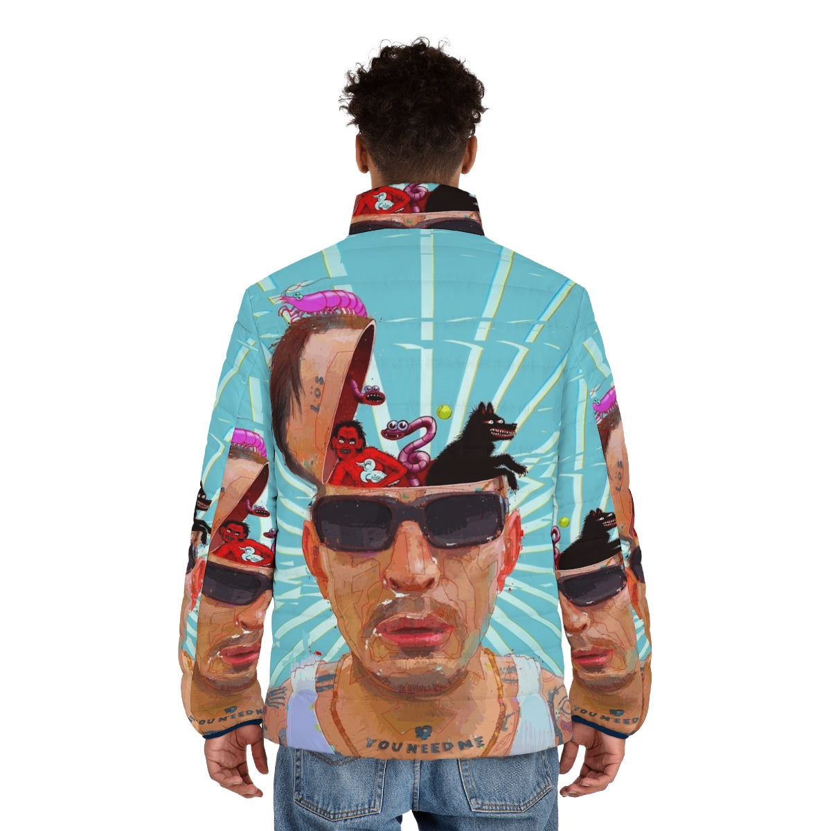 Puffer jacket featuring Sebastian Murphy art and Viagra Boys branding - men back