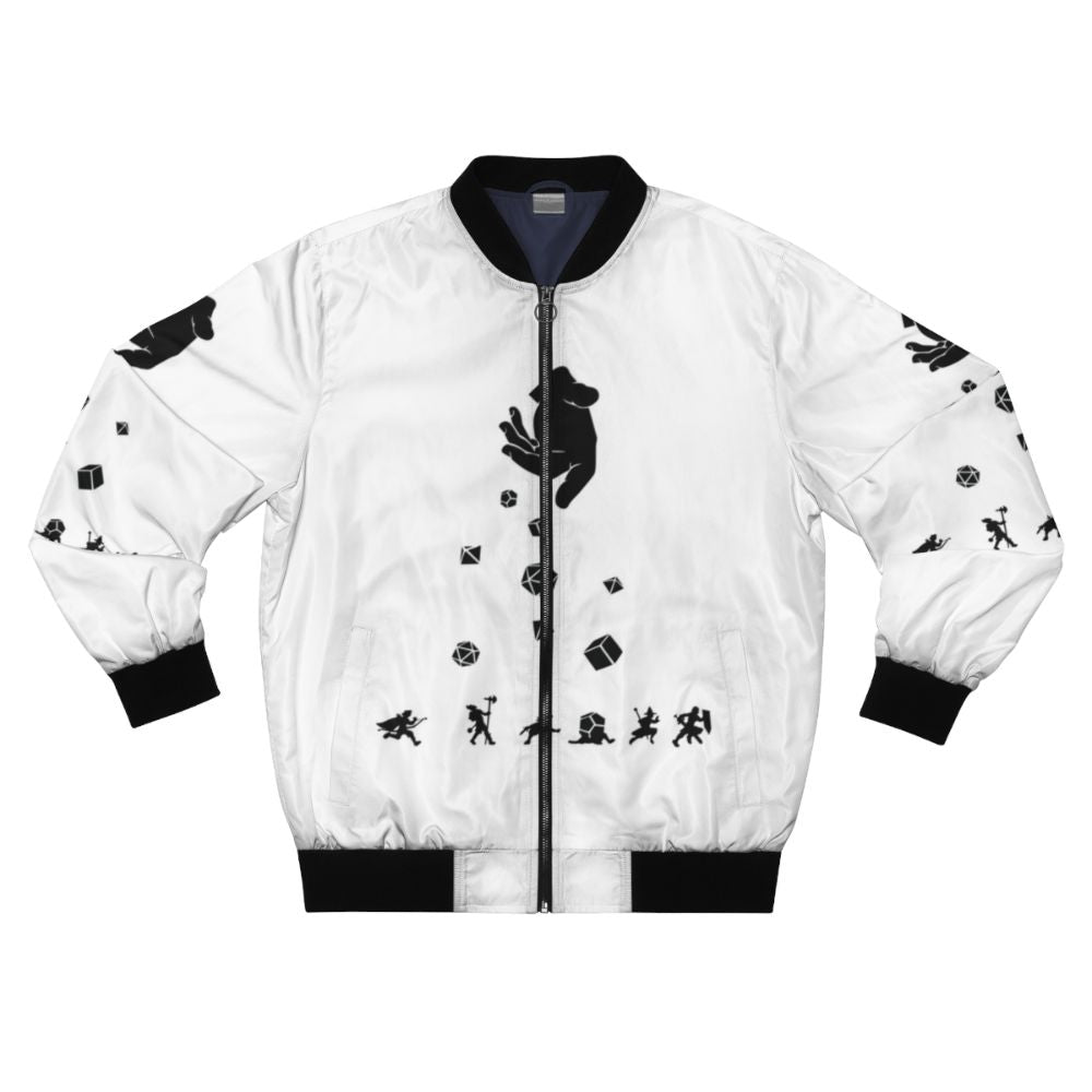 Rocks Fall, Everyone Dice Dungeons & Dragons Bomber Jacket with polyhedral dice pattern