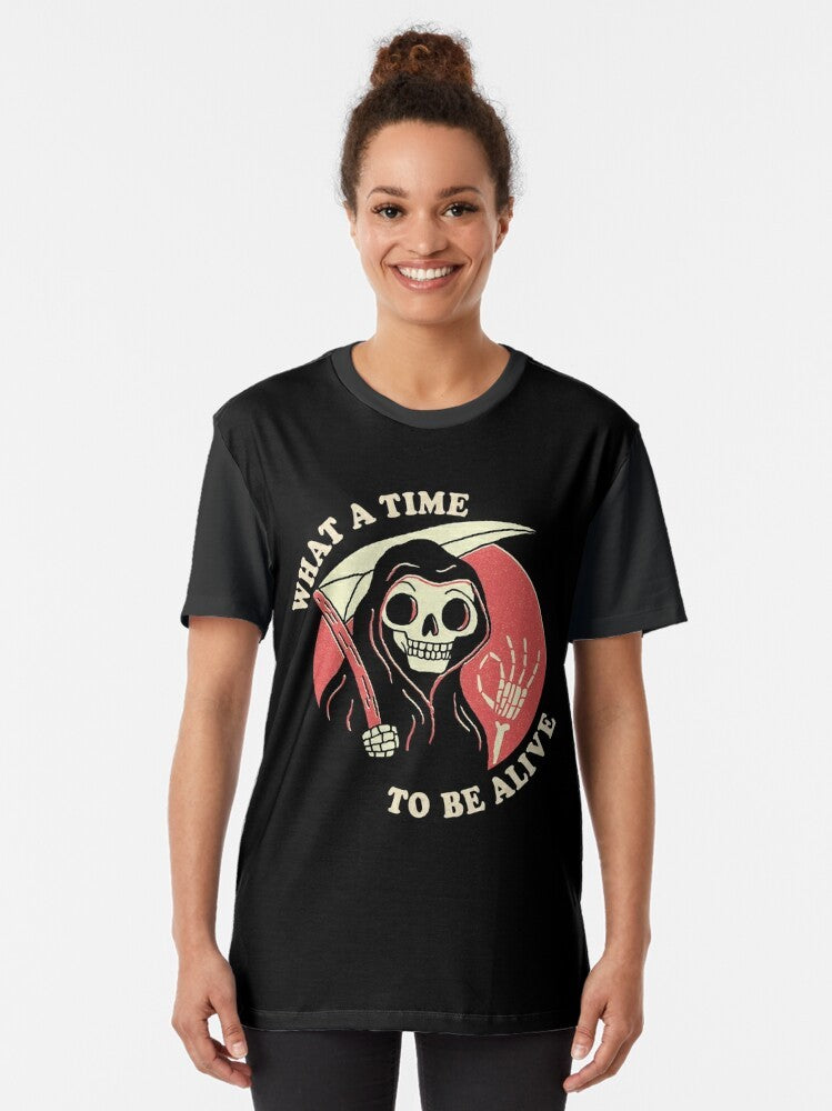 Retro Grim Reaper graphic t-shirt with the text "What A Time To Be Alive" - Women