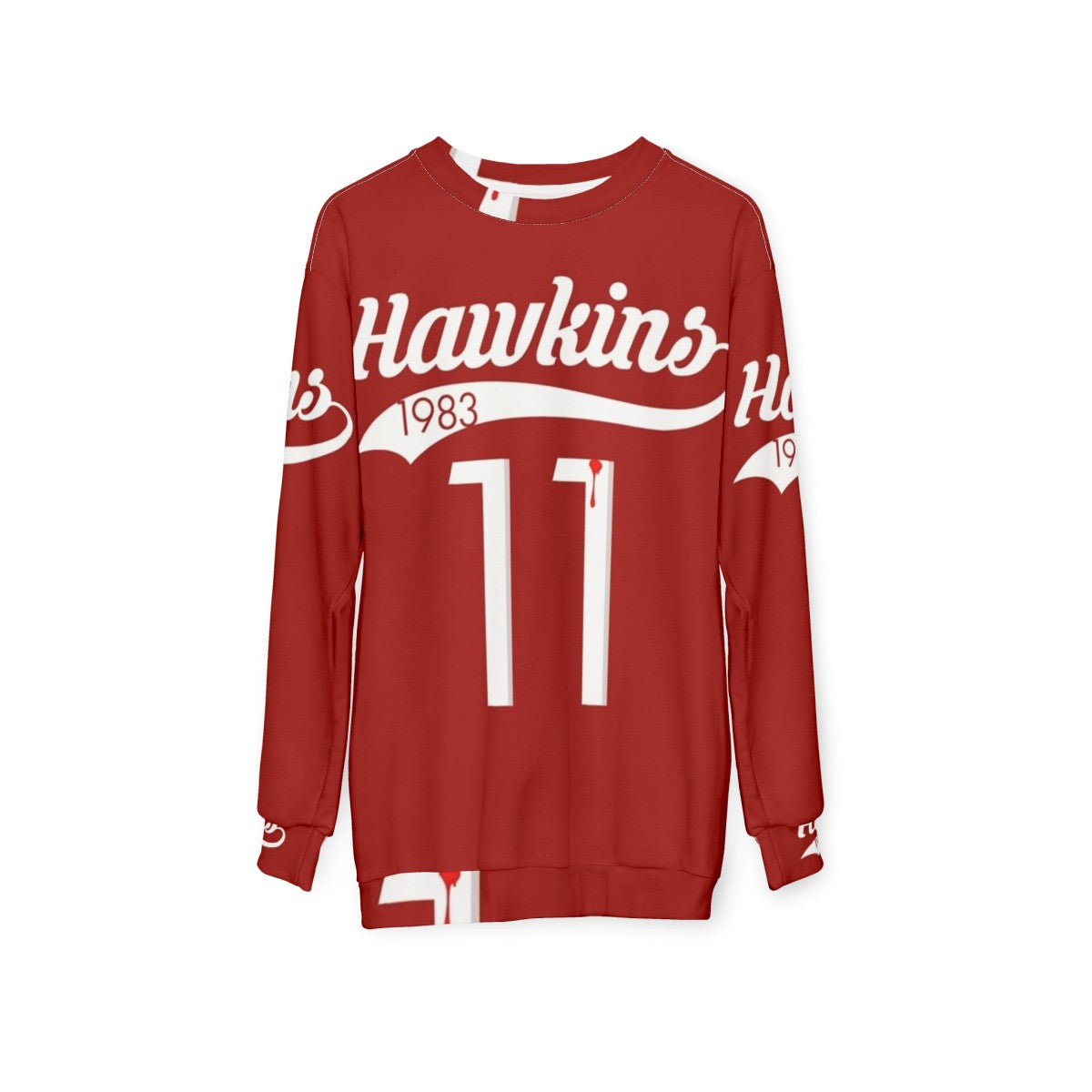 Hawkins High School 11 Sweatshirt featuring Eleven and Stranger Things 80s style - hanging