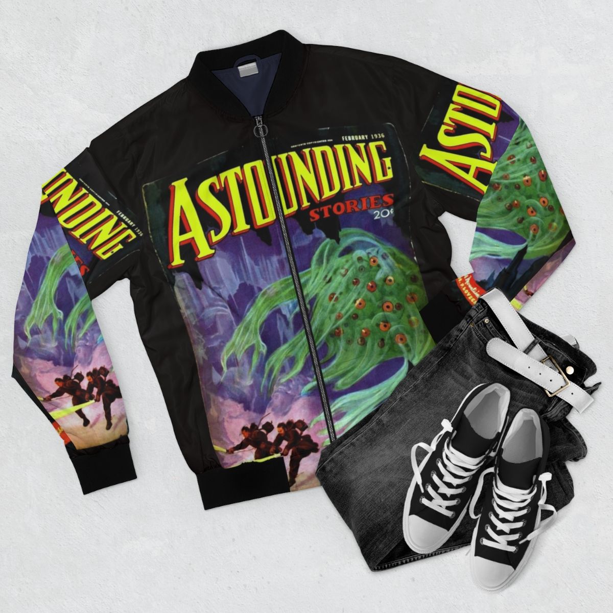 H.P. Lovecraft inspired "At the Mountains of Madness" cosmic horror bomber jacket - Flat lay