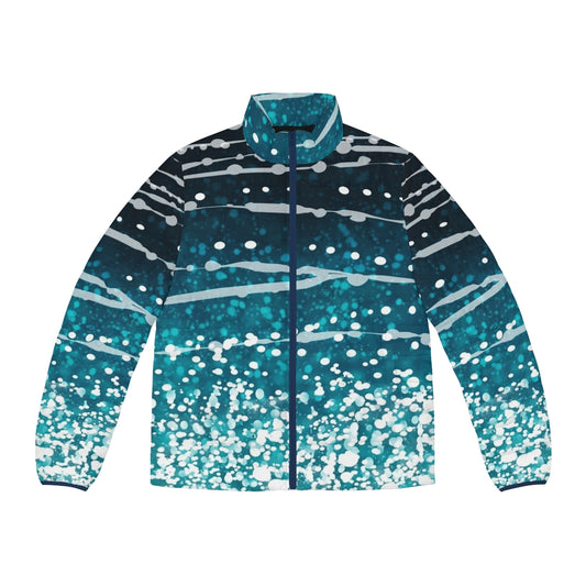 Whale shark pattern puffer jacket, featuring a colorful and playful design inspired by the ocean's marine life.