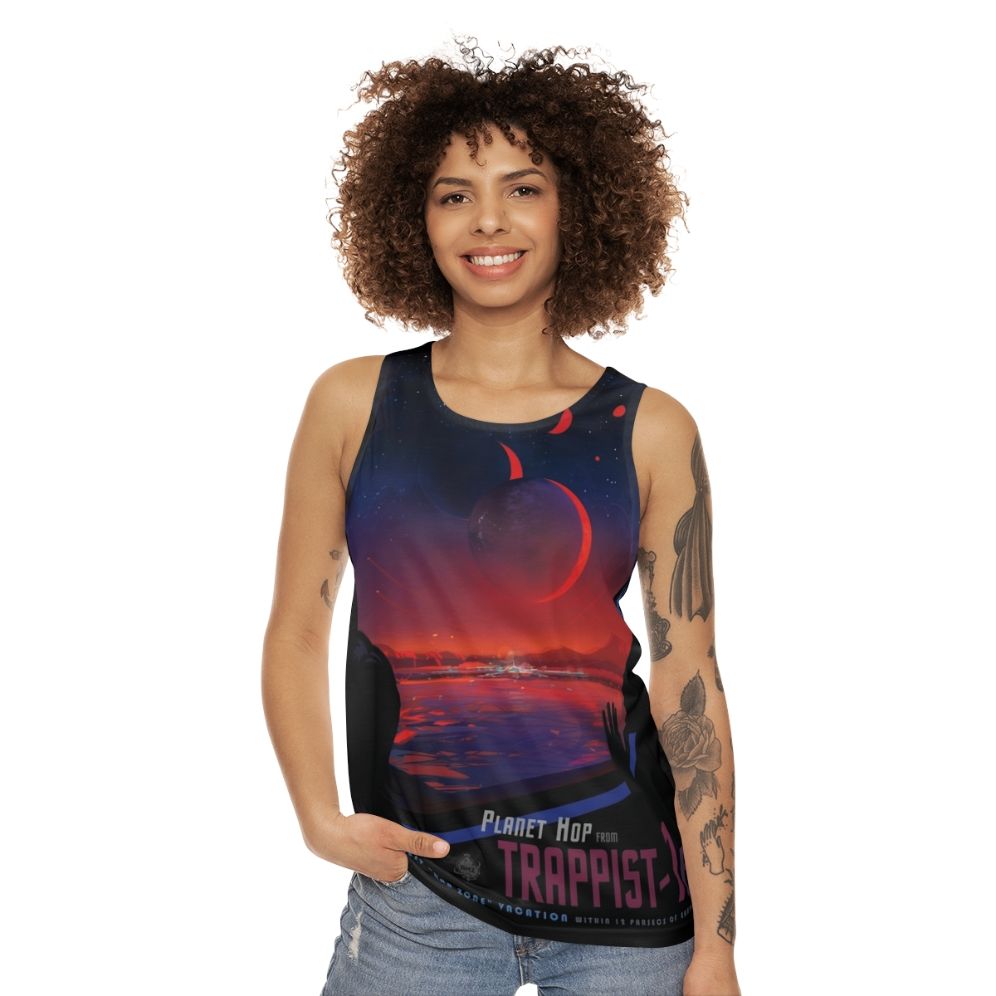 Trappist 1 space travel unisex tank top with vintage NASA and planet design - women