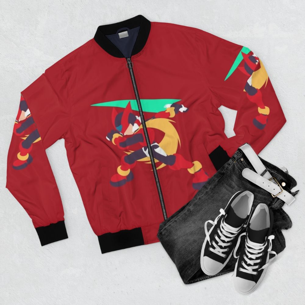 Mega Man Zero Bomber Jacket - Anime Inspired Video Game Merchandise - Flat lay