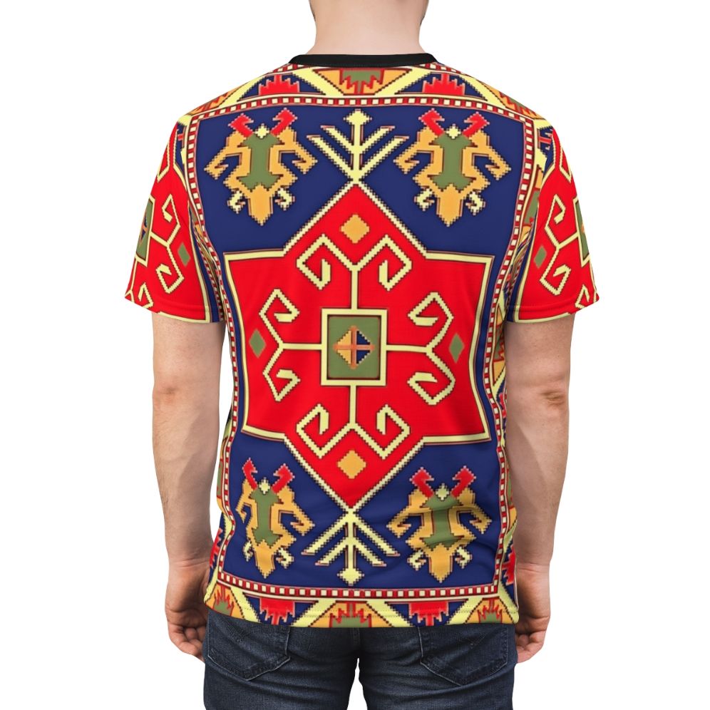 Colorful t-shirt featuring intricate Armenian art design - men back