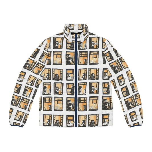 A warm and stylish puffer jacket featuring a windows pattern design