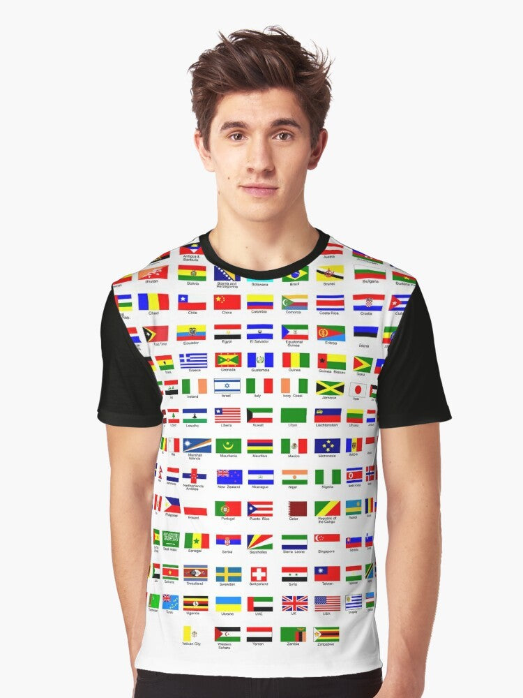 A graphic t-shirt featuring the flags of countries from around the world, showcasing international flags and national symbols. - Men