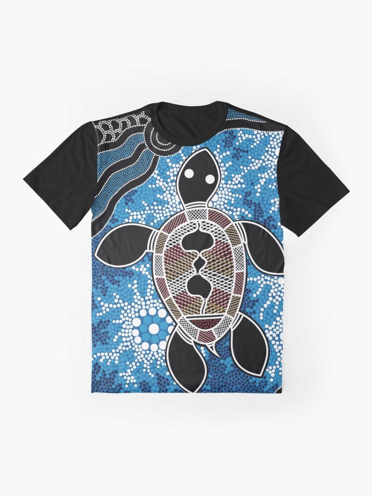 Authentic Aboriginal Art T-Shirt featuring a sea turtle design in the Dreamtime style - Flat lay