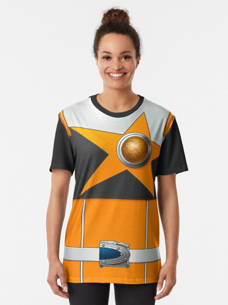 Sasoriorange Super Sentai graphic t-shirt featuring the Kyuranger character in orange and space-themed design - Women