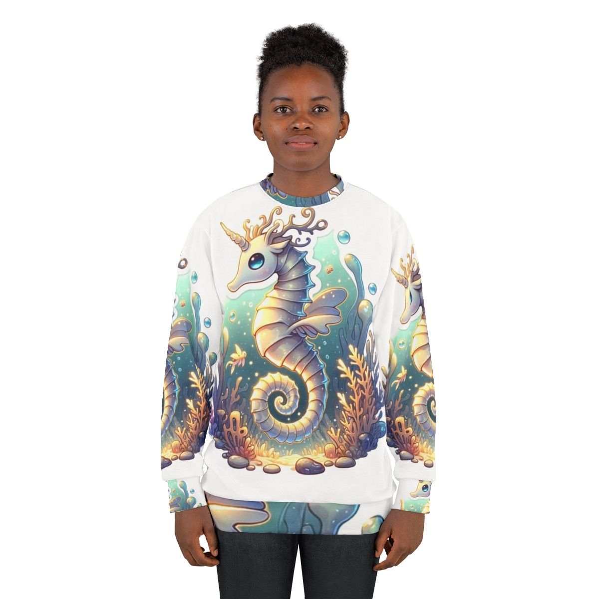 Legendary fantasy seahorse and deer graphic on a sweatshirt - women