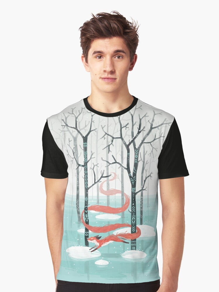 Cozy forest spirit graphic t-shirt featuring a cute fox in a winter wonderland - Men