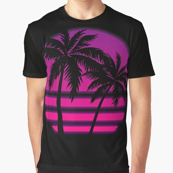 Miami Wave Graphic T-Shirt featuring a retro neon sunset and palm trees design