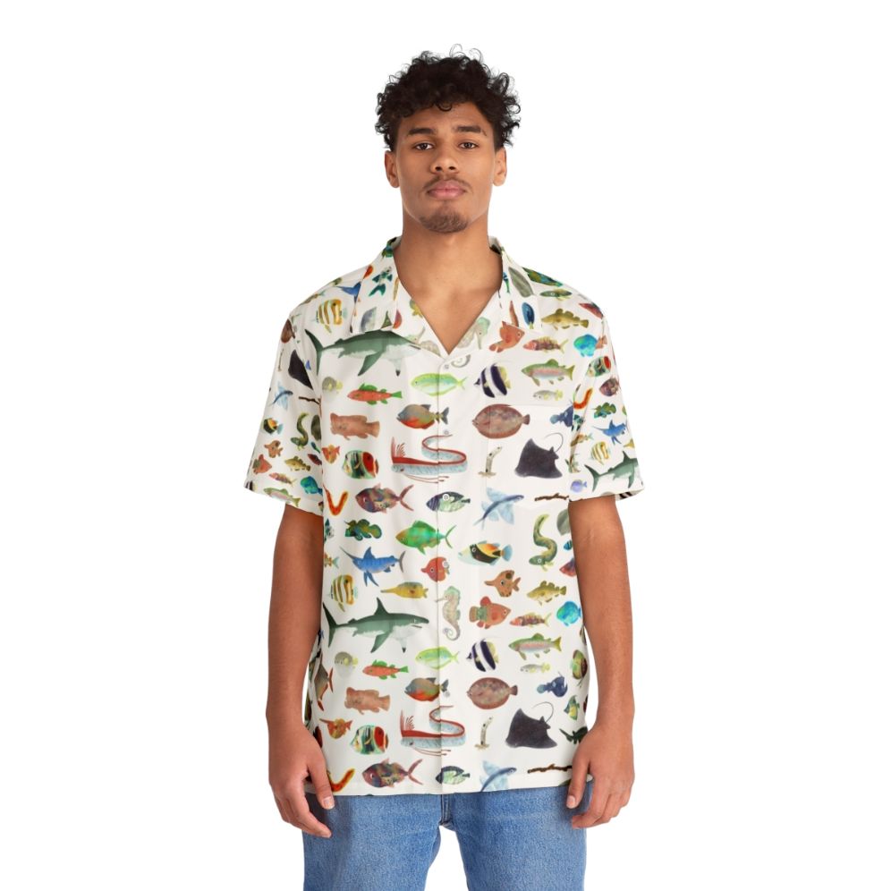 Colorful Hawaiian shirt featuring an ocean life design with tropical fish, sharks, and other marine animals - People Front