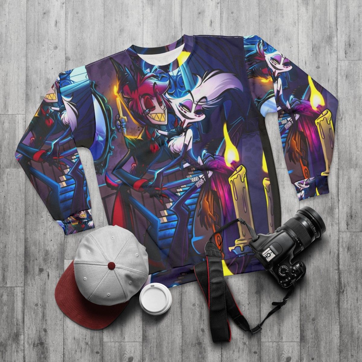 Hazbin Hotel Alastor Sweatshirt with Exclusive Fan Art Design - flat lay