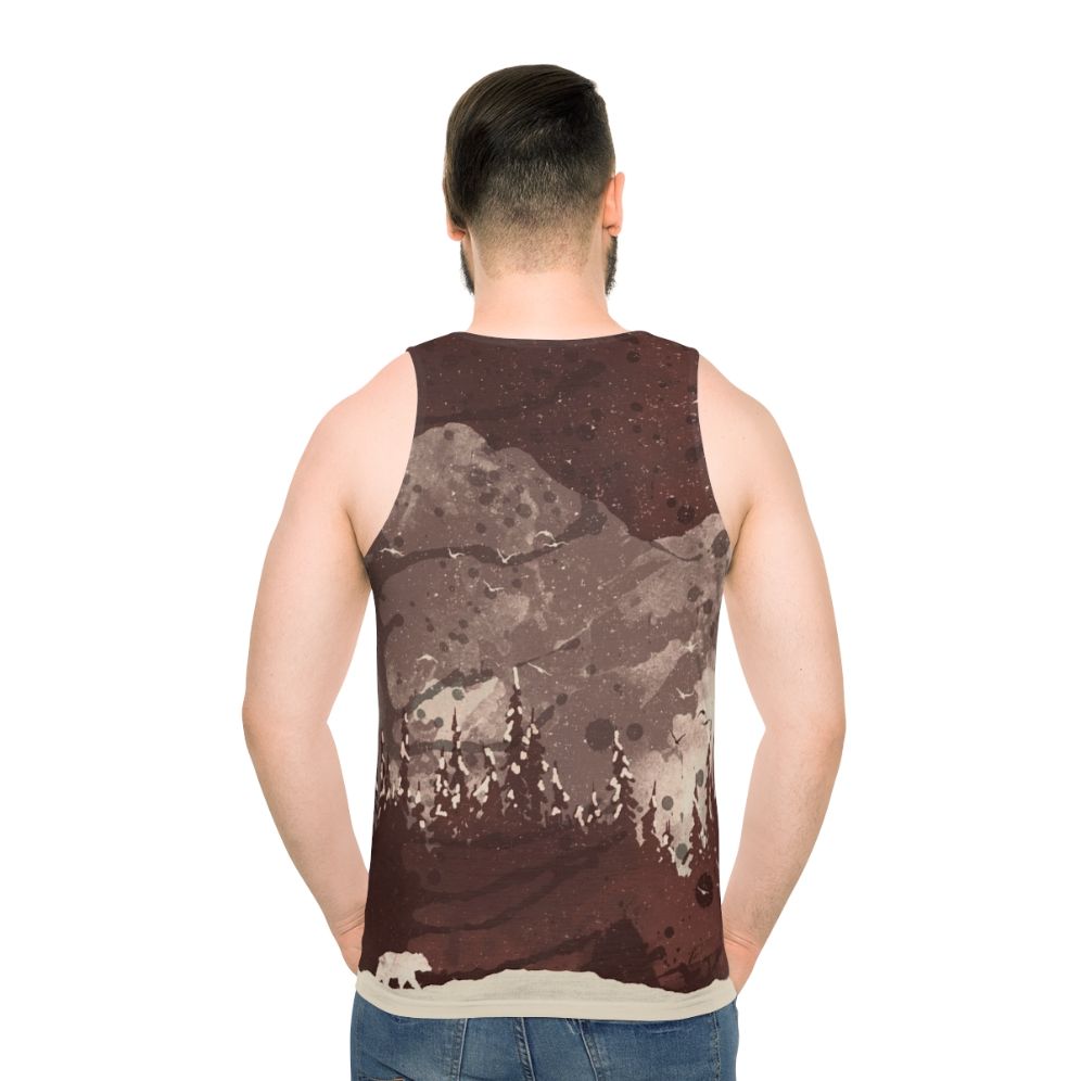 Unisex tank top with a bear design in a winter landscape - men back