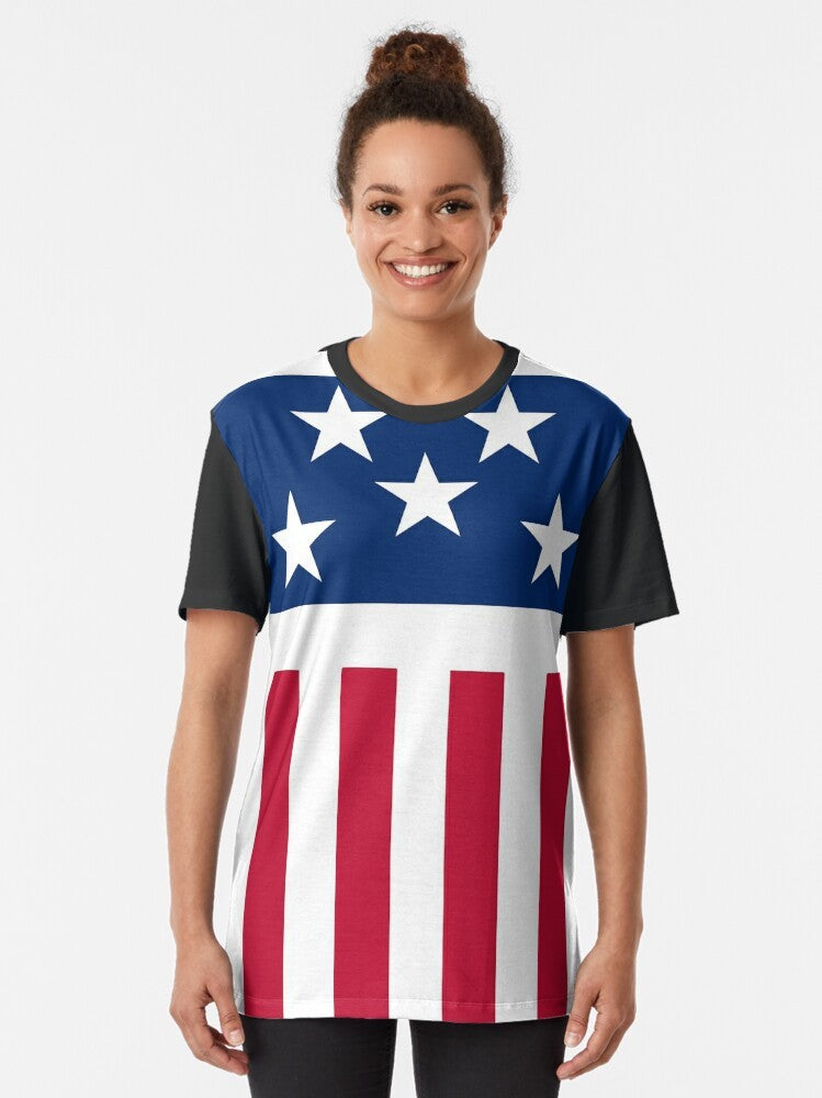 Firestarter - Stars and Stripes Graphic T-Shirt featuring The Prodigy band logo and American flag design - Women