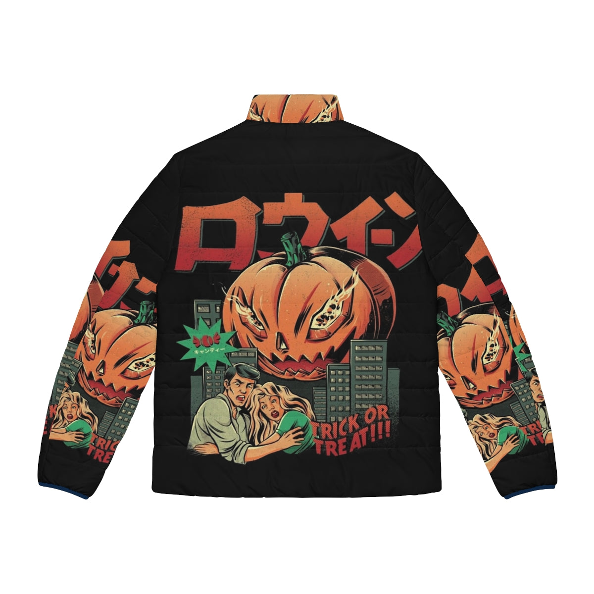 A puffer jacket with a pumpkin monster design, perfect for Halloween - Back