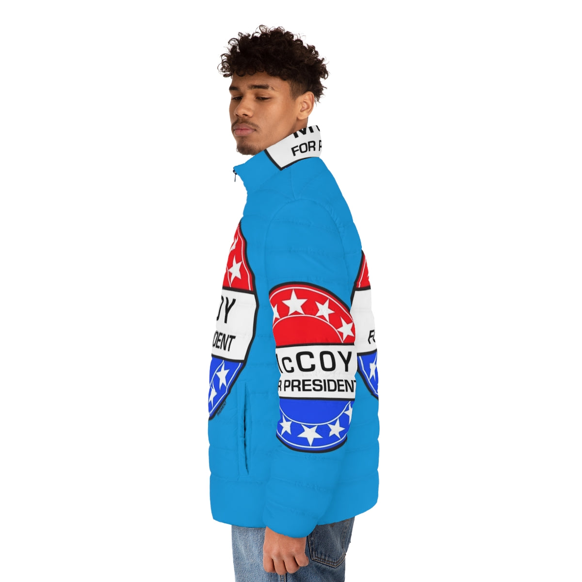 Mccoy For President Sci-Fi Puffer Jacket with Retro Pop Art Design - men side left