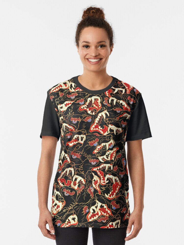 Ahamkara graphic t-shirt featuring wolves and tibetan-inspired design - Women