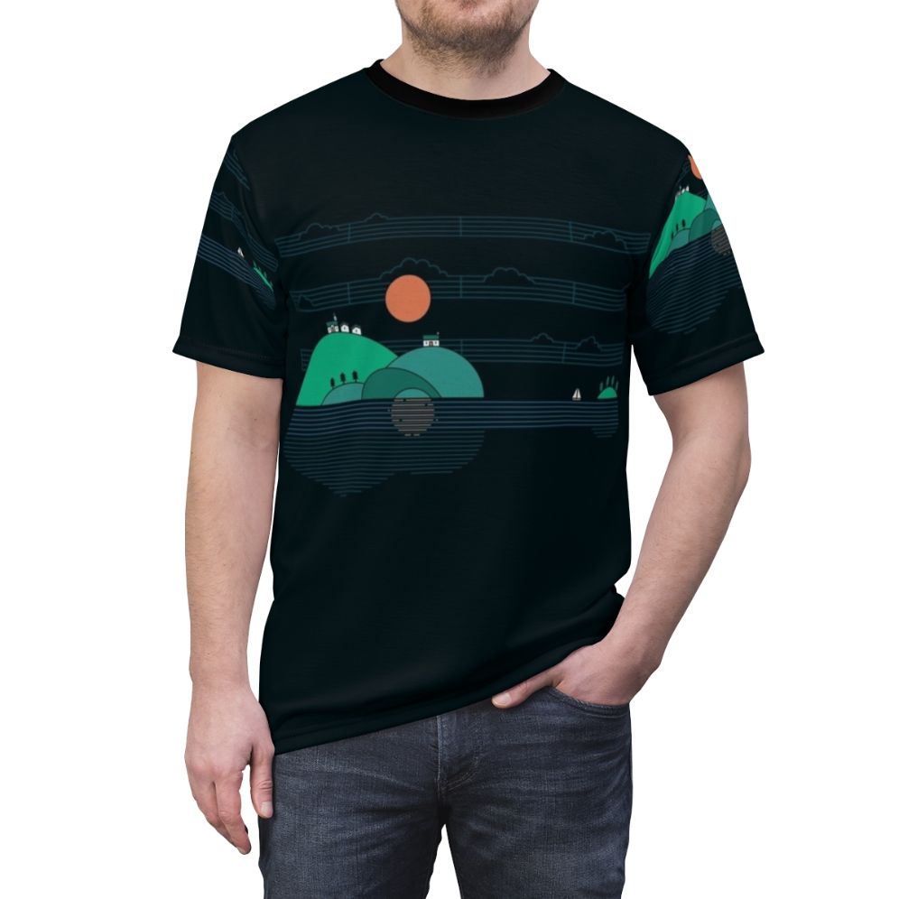 Artistic t-shirt design featuring a scenic island landscape with a guitar, sailboat, and sun - men front