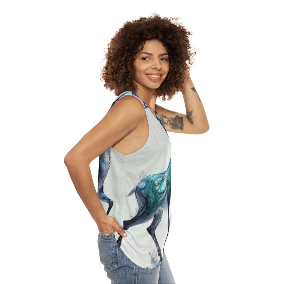 Unisex tank top with a holographic, prancing stag design - perfect for the holidays - women side