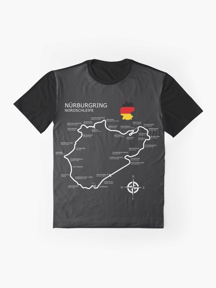 Graphic t-shirt featuring the iconic Nürburgring Nordschleife racetrack, a legendary motorsports destination. - Flat lay