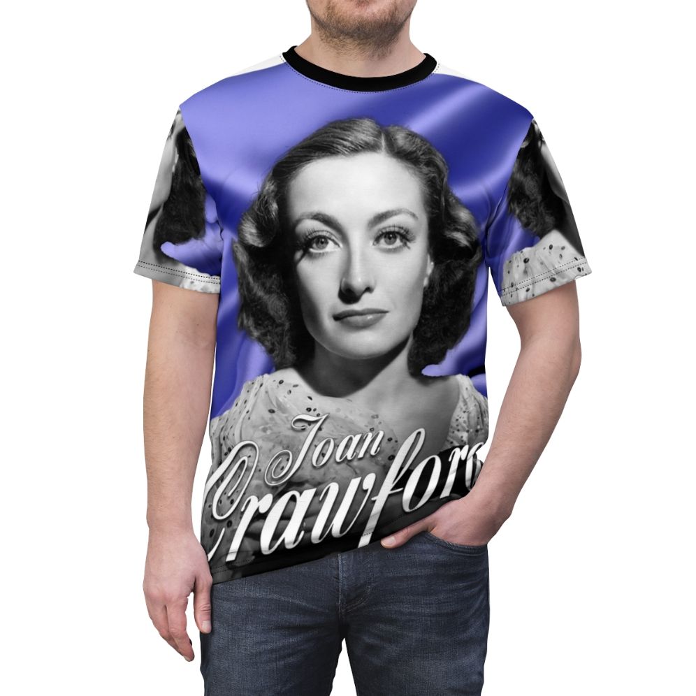 A high-quality all-over print t-shirt featuring a purple and white design inspired by the classic Hollywood star Joan Crawford. - men front