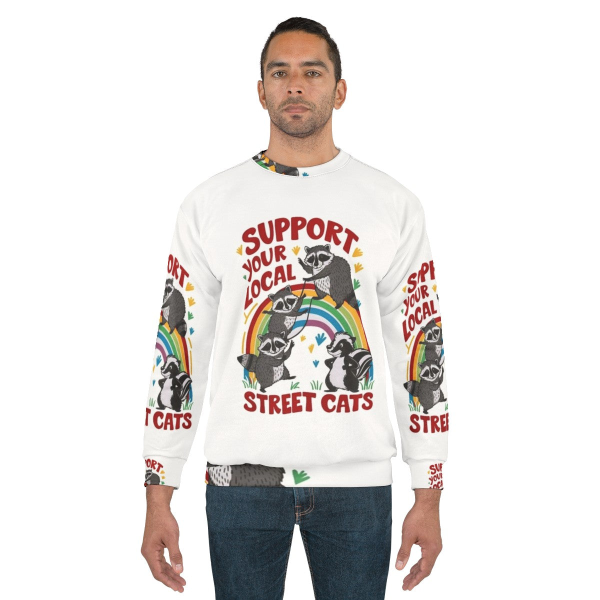 Retro cat sweatshirt with the text "Support Your Local Street Cats" - men