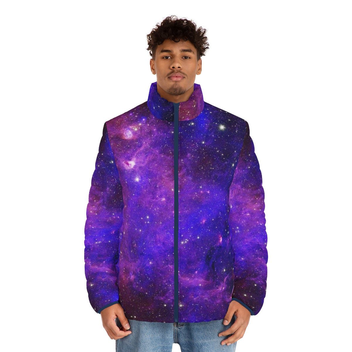 Galaxy Design Puffer Jacket featuring a vibrant cosmic print - men front