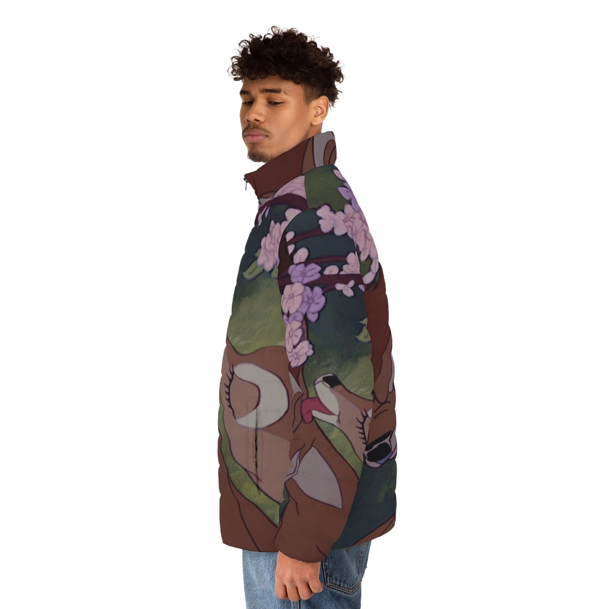 Bambi Disney inspired puffer jacket with floral and feline design - men side left